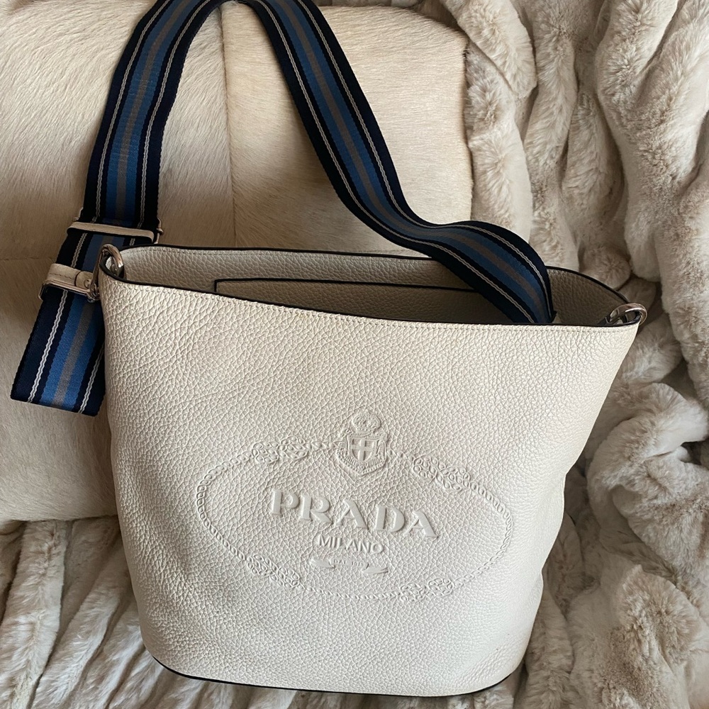 Prada Cream Leather Shoulder Bag with Blue Strap-Authentic!